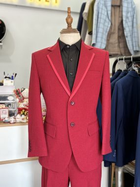 Bộ Vest Nam May Đo Màu Đỏ Red Cherry Viền Cổ Lụa 